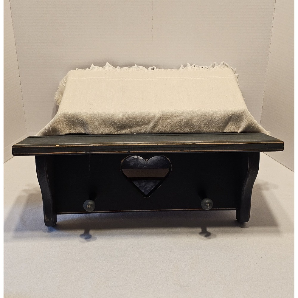 Vintage Distressed Dark Green Wooden Wall Shelf Heart Design Pegs 18"L